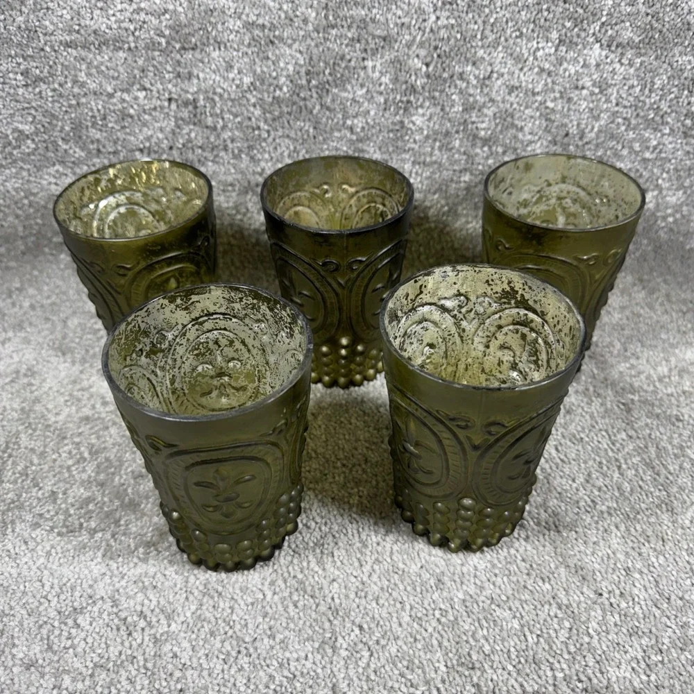 Mercury Glass Fleur De Lis Votive Candle Holders Green‎ Set of 5
